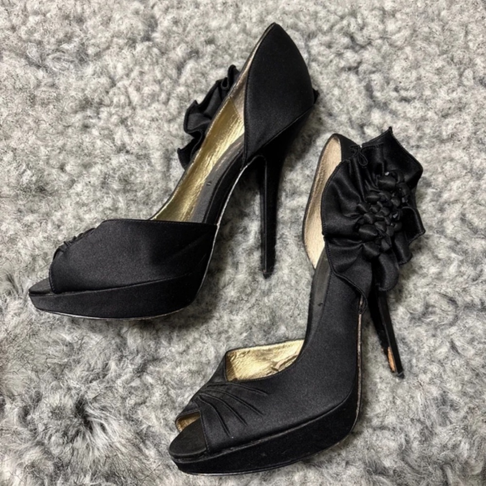 Nina Black Satin Ruffle Heels